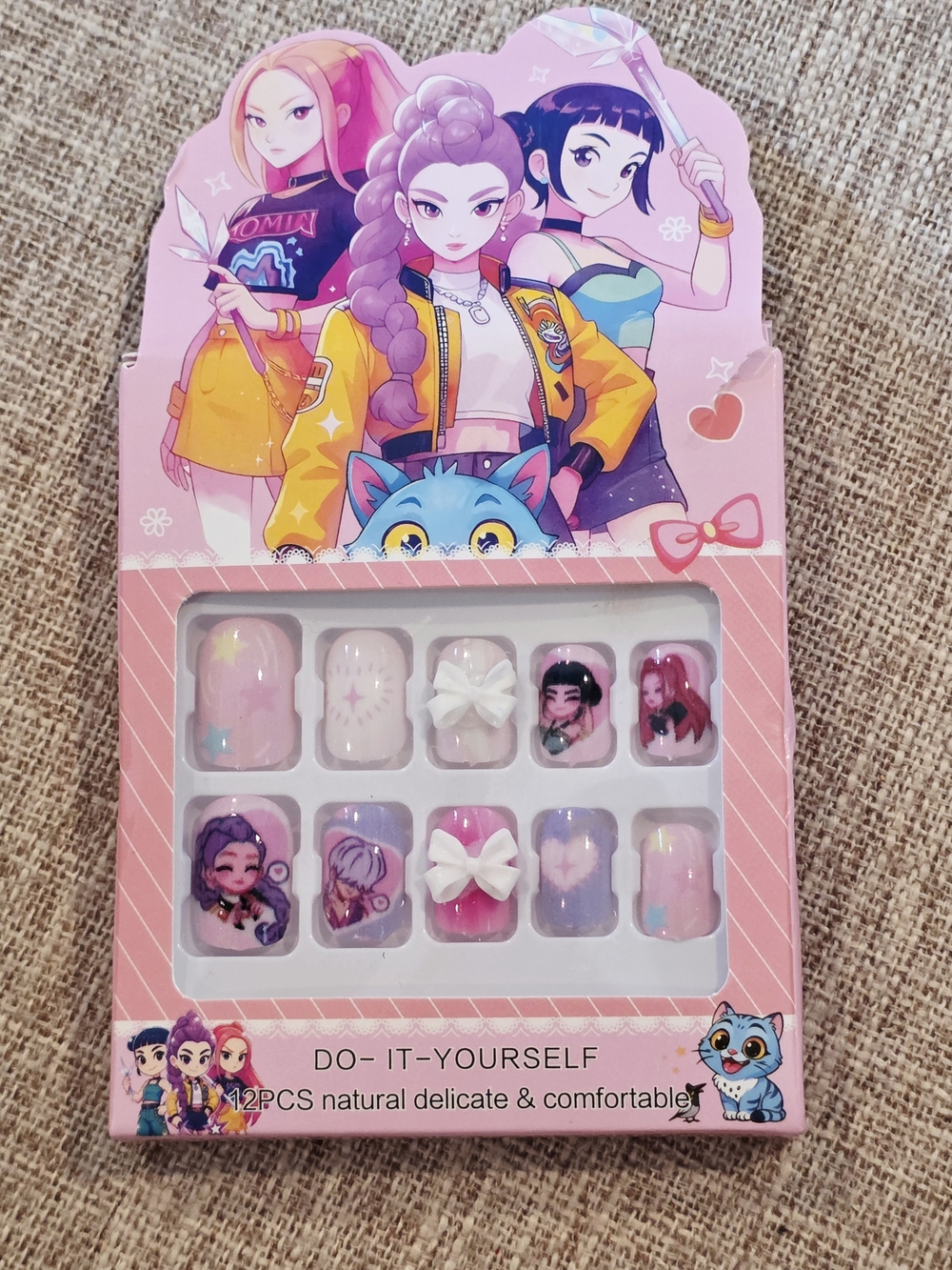 DIY Kids Press-On Nail Set in Pink – Cute Cartoon Designs